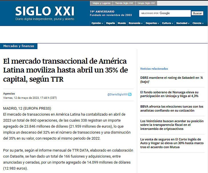 El mercado transaccional de Amrica Latina moviliza hasta abril un 35% de capital, segn TTR